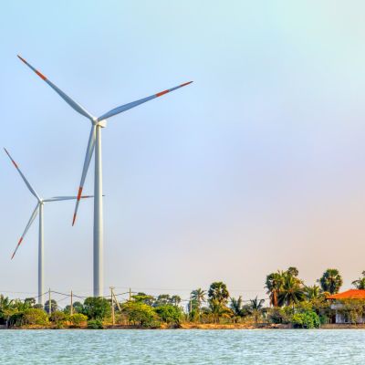 wind turbines in an exotic location frequented by superyacht owners