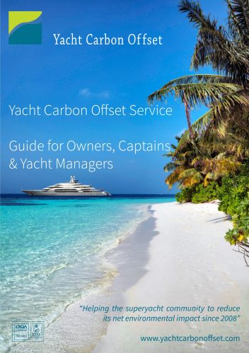 Image showing cover of the brochure. Text reads, Yacht Carbon Offset Service, Guide for Owners, Captains & Yacht Managers. Helping the superyacht community to reduce its net environmental impact since 2008